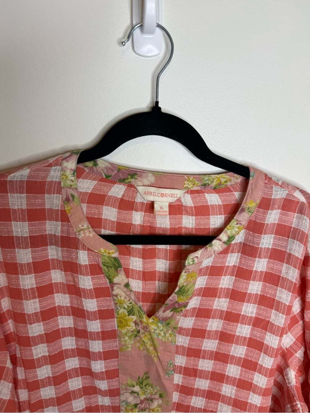 April Cornell Coral and White Gingham Peasant Top with Floral Trim size XL - Picture 4 of 7